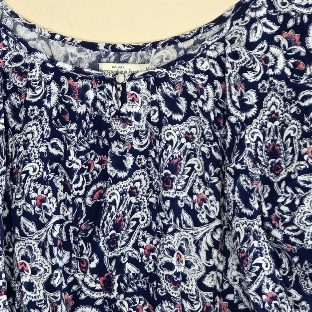 Abercrombie & Fitch | Navy White Pink Print Boho Puff Sleeve Top Round Hem